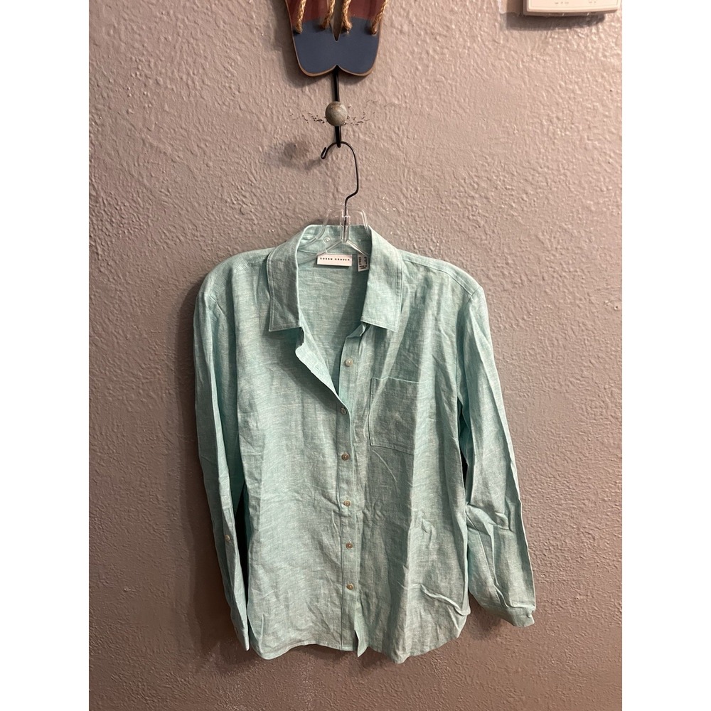 Susan Graver Shirt Women Size XS Blue Linen Blend Button Roll Tab Sleeve